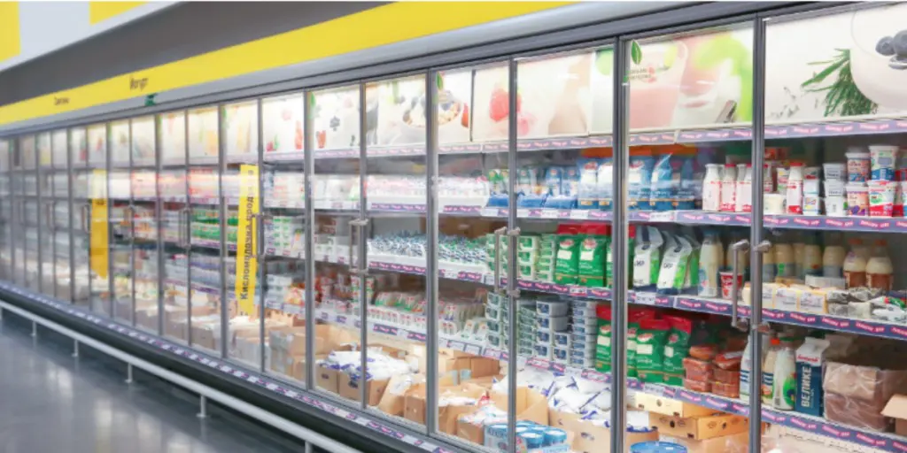 Refrigerated shelves in a supermarket